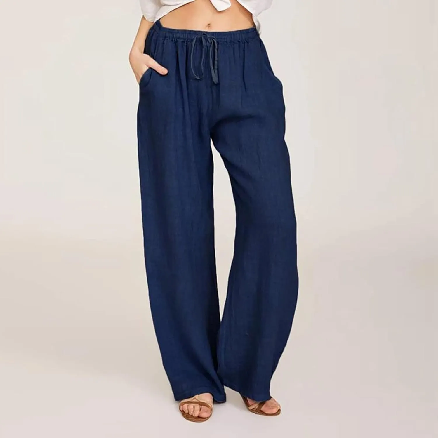 Womens Linen Wide Leg Pants High Waisted Drawstring Pant Athletic Casual Sweatpants Flowy Beach Pants Summer Trousers