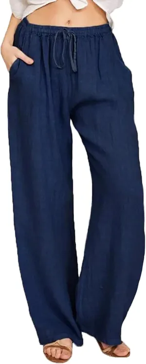 Womens Linen Wide Leg Pants High Waisted Drawstring Pant Athletic Casual Sweatpants Flowy Beach Pants Summer Trousers