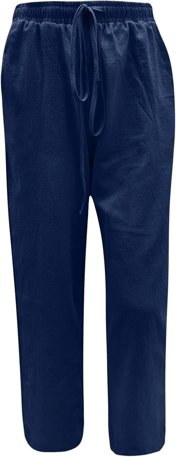 Womens Linen Wide Leg Pants High Waisted Drawstring Pant Athletic Casual Sweatpants Flowy Beach Pants Summer Trousers