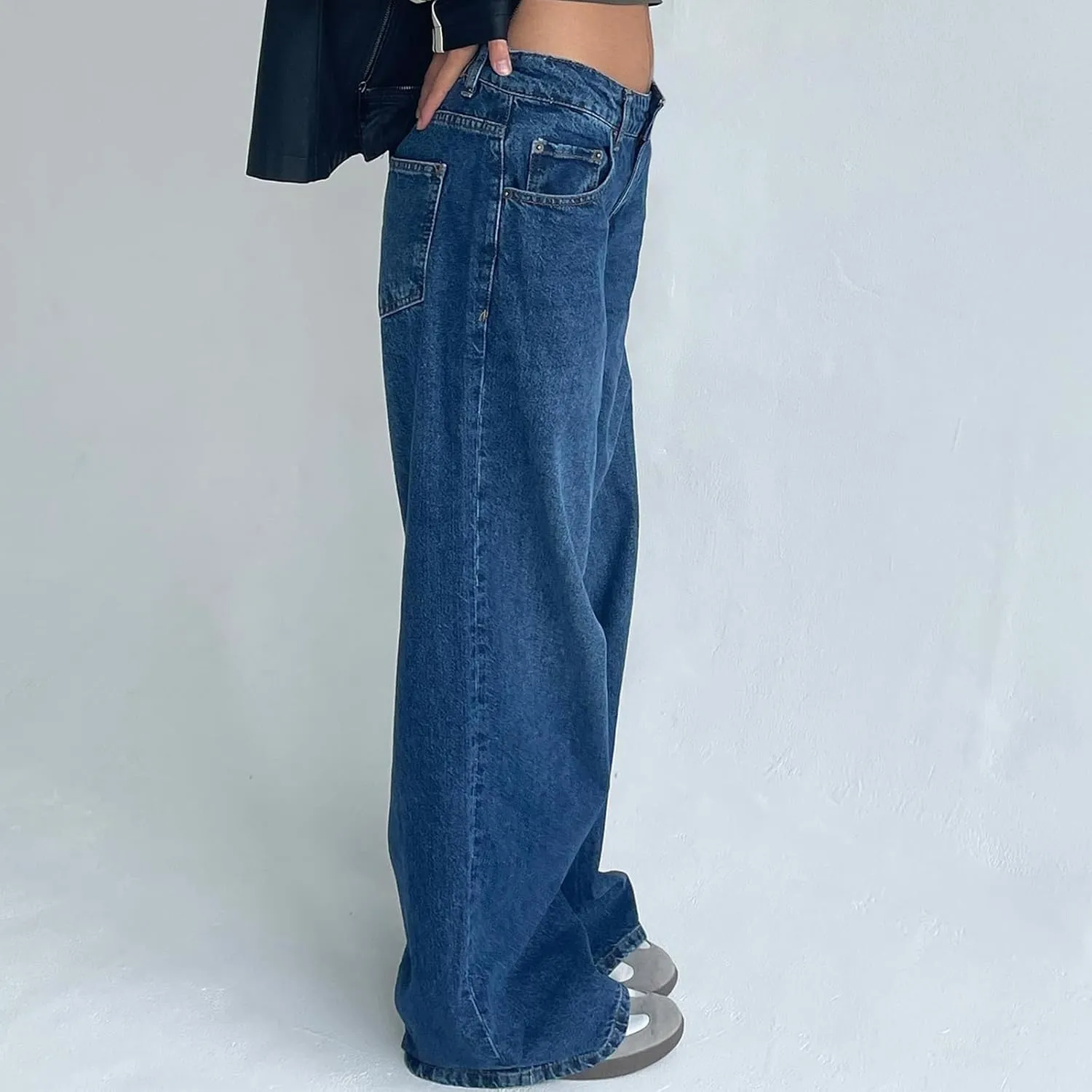 Women's Low Rise Boyfriend Jeans Y2K Wide Leg Straight Baggy Vintage Denim Pants Casual Loose
