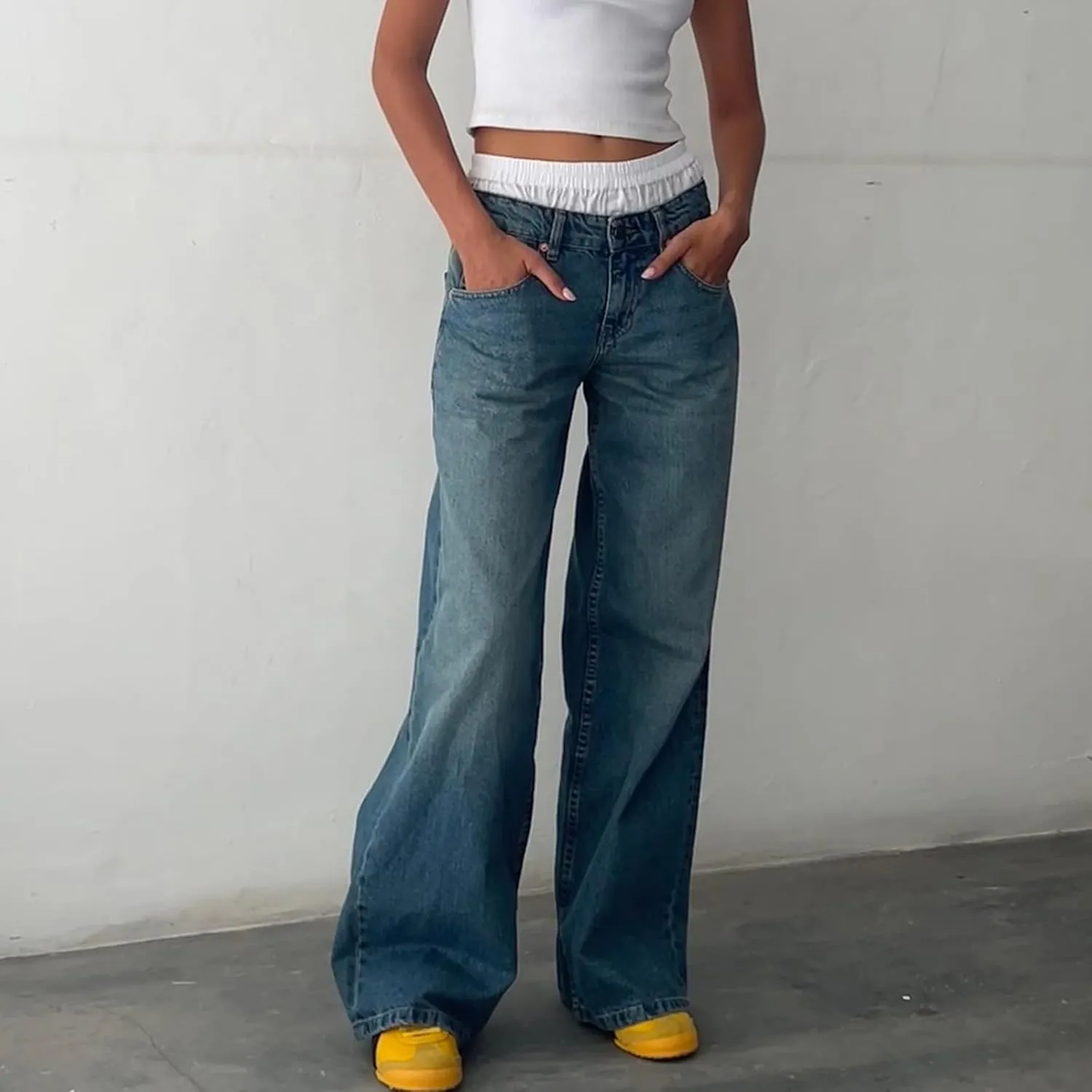 Women's Low Rise Boyfriend Jeans Y2K Wide Leg Straight Baggy Vintage Denim Pants Casual Loose