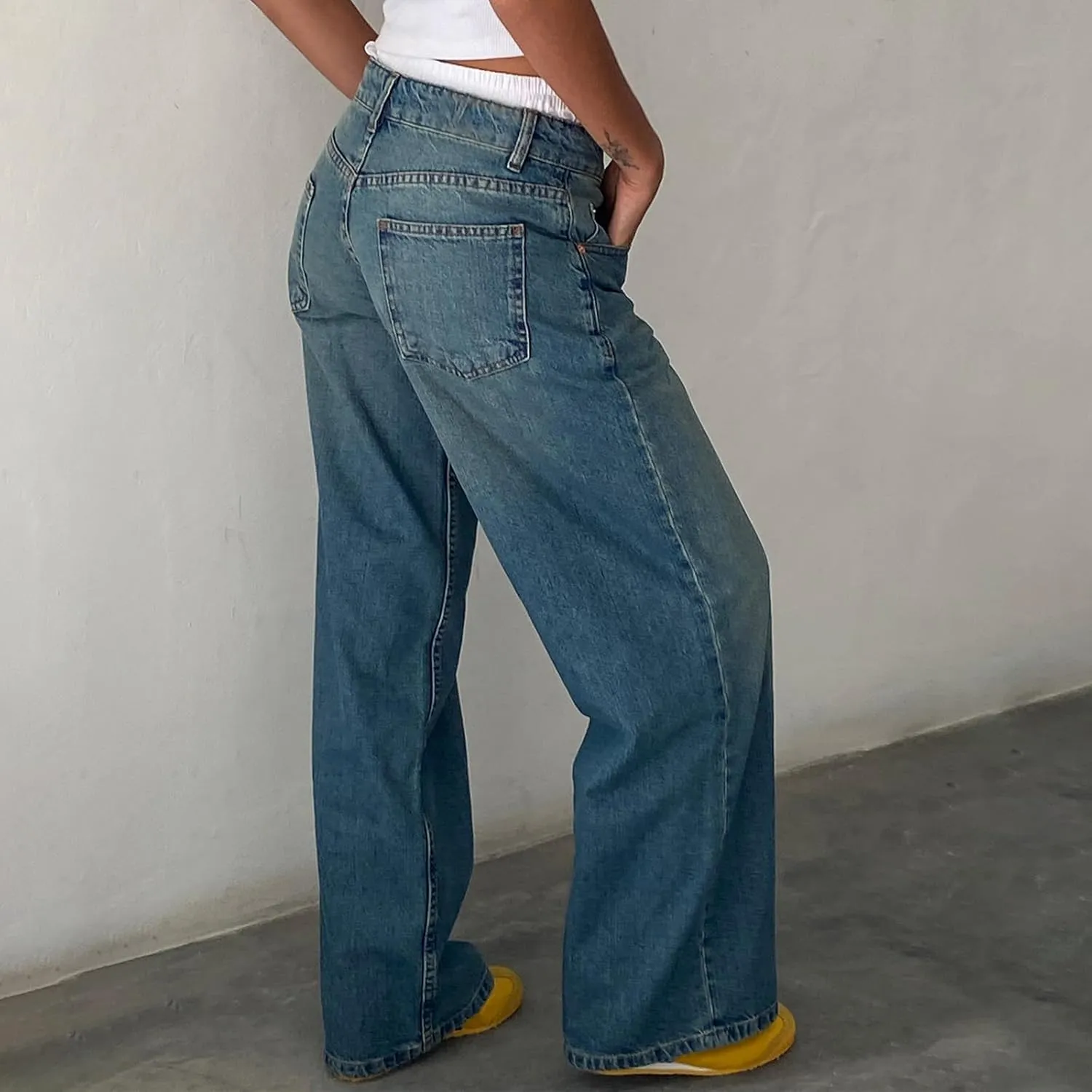 Women's Low Rise Boyfriend Jeans Y2K Wide Leg Straight Baggy Vintage Denim Pants Casual Loose