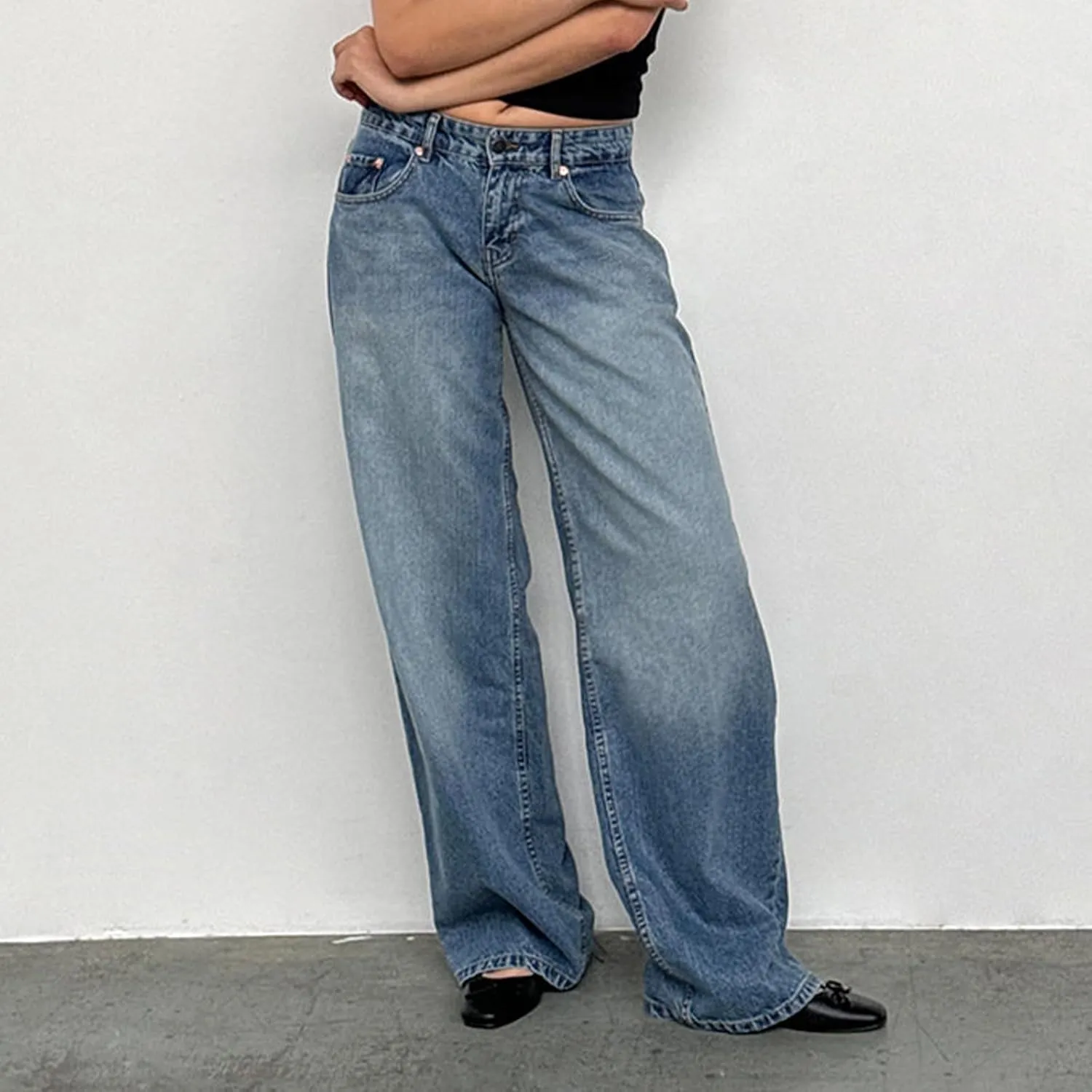 Women's Low Rise Boyfriend Jeans Y2K Wide Leg Straight Baggy Vintage Denim Pants Casual Loose