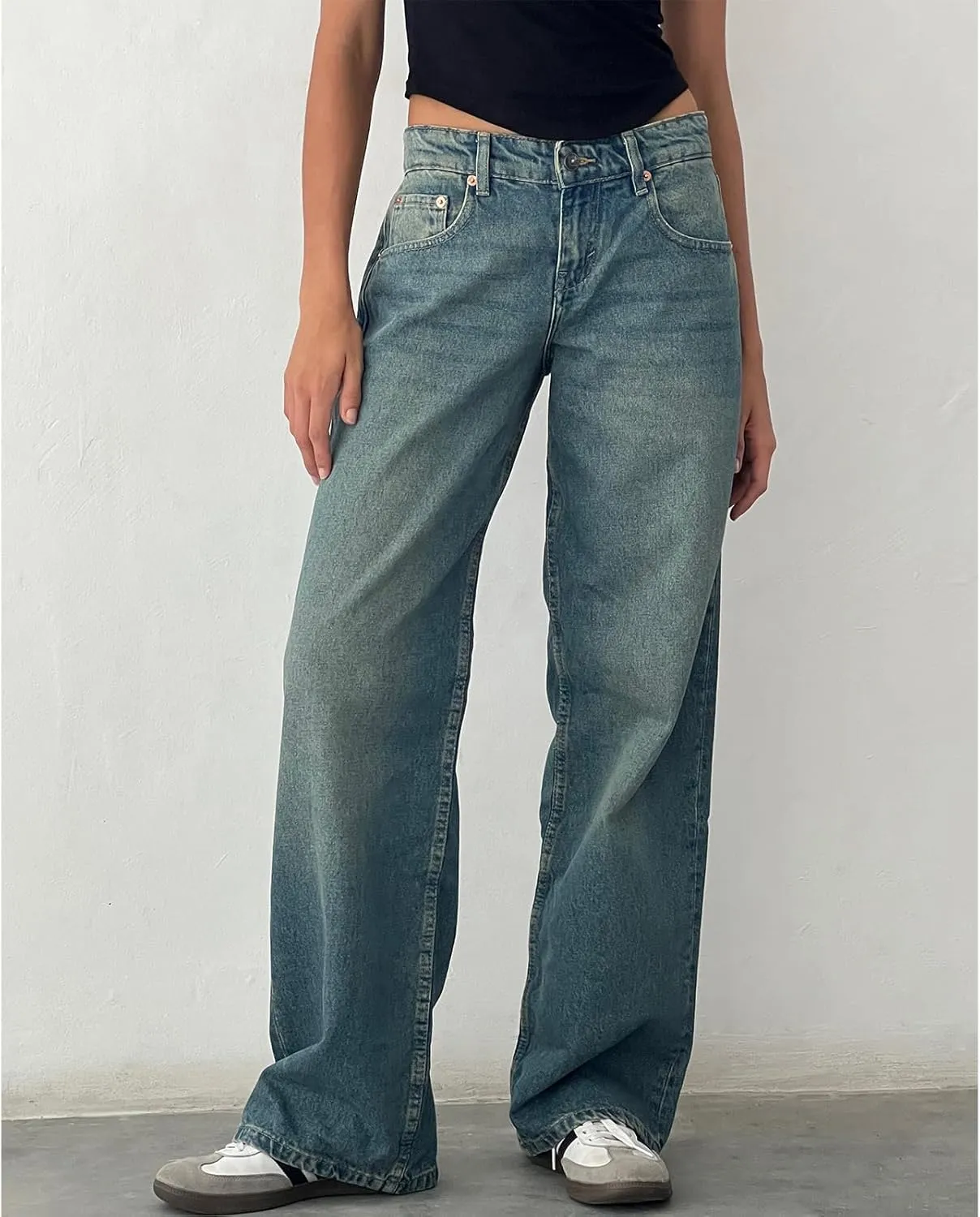 Women's Low Rise Boyfriend Jeans Y2K Wide Leg Straight Baggy Vintage Denim Pants Casual Loose