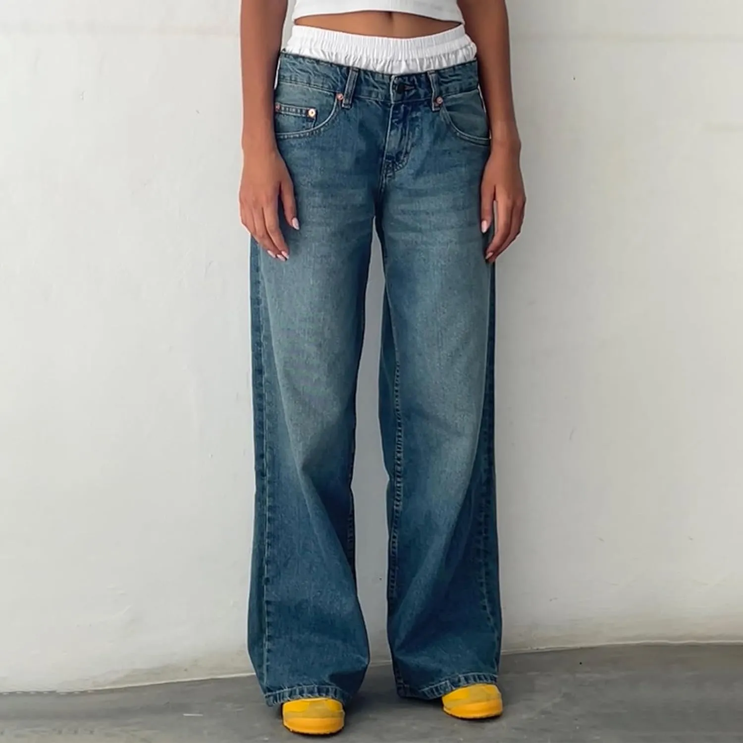Women's Low Rise Boyfriend Jeans Y2K Wide Leg Straight Baggy Vintage Denim Pants Casual Loose