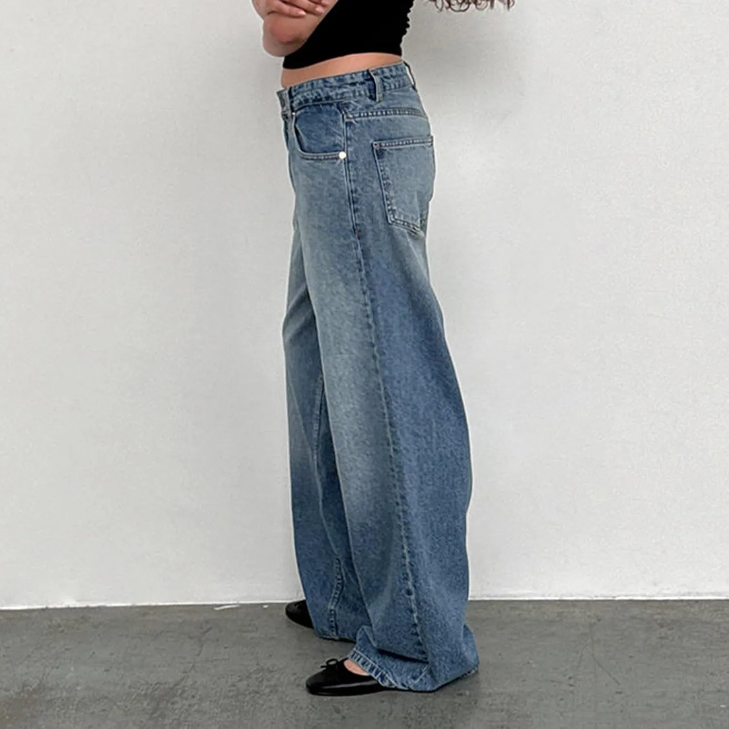 Women's Low Rise Boyfriend Jeans Y2K Wide Leg Straight Baggy Vintage Denim Pants Casual Loose