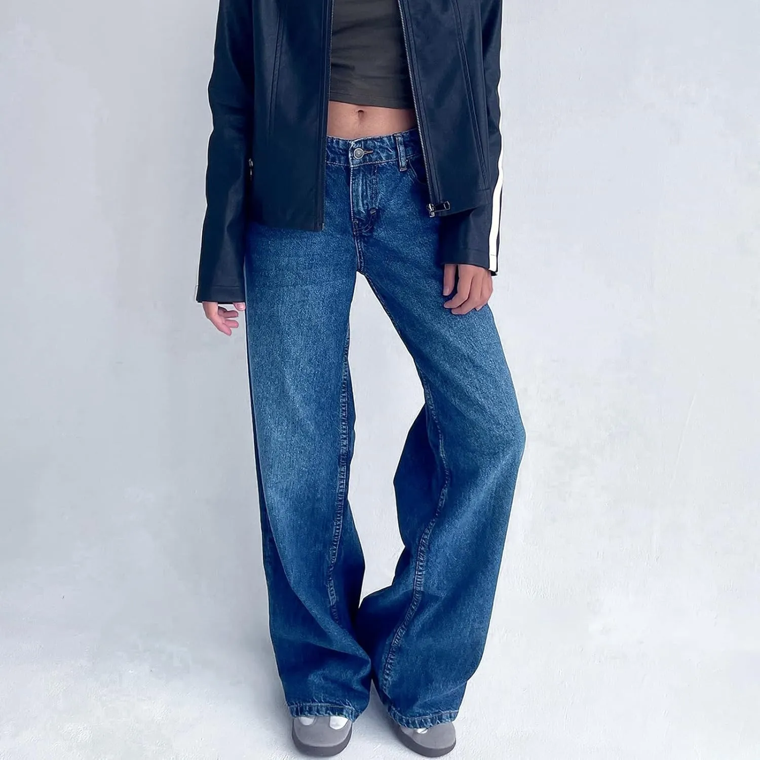 Women's Low Rise Boyfriend Jeans Y2K Wide Leg Straight Baggy Vintage Denim Pants Casual Loose