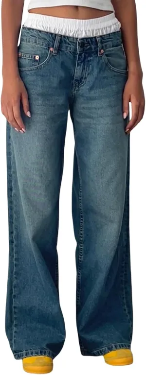 Women's Low Rise Boyfriend Jeans Y2K Wide Leg Straight Baggy Vintage Denim Pants Casual Loose