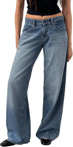 Women's Low Rise Boyfriend Jeans Y2K Wide Leg Straight Baggy Vintage Denim Pants Casual Loose