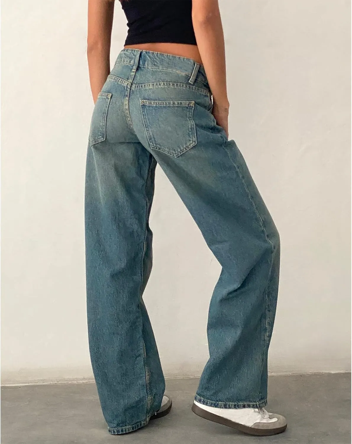 Women's Low Rise Boyfriend Jeans Y2K Wide Leg Straight Baggy Vintage Denim Pants Casual Loose