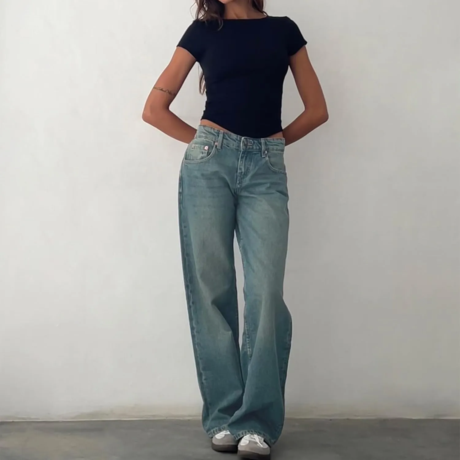 Women's Low Rise Boyfriend Jeans Y2K Wide Leg Straight Baggy Vintage Denim Pants Casual Loose