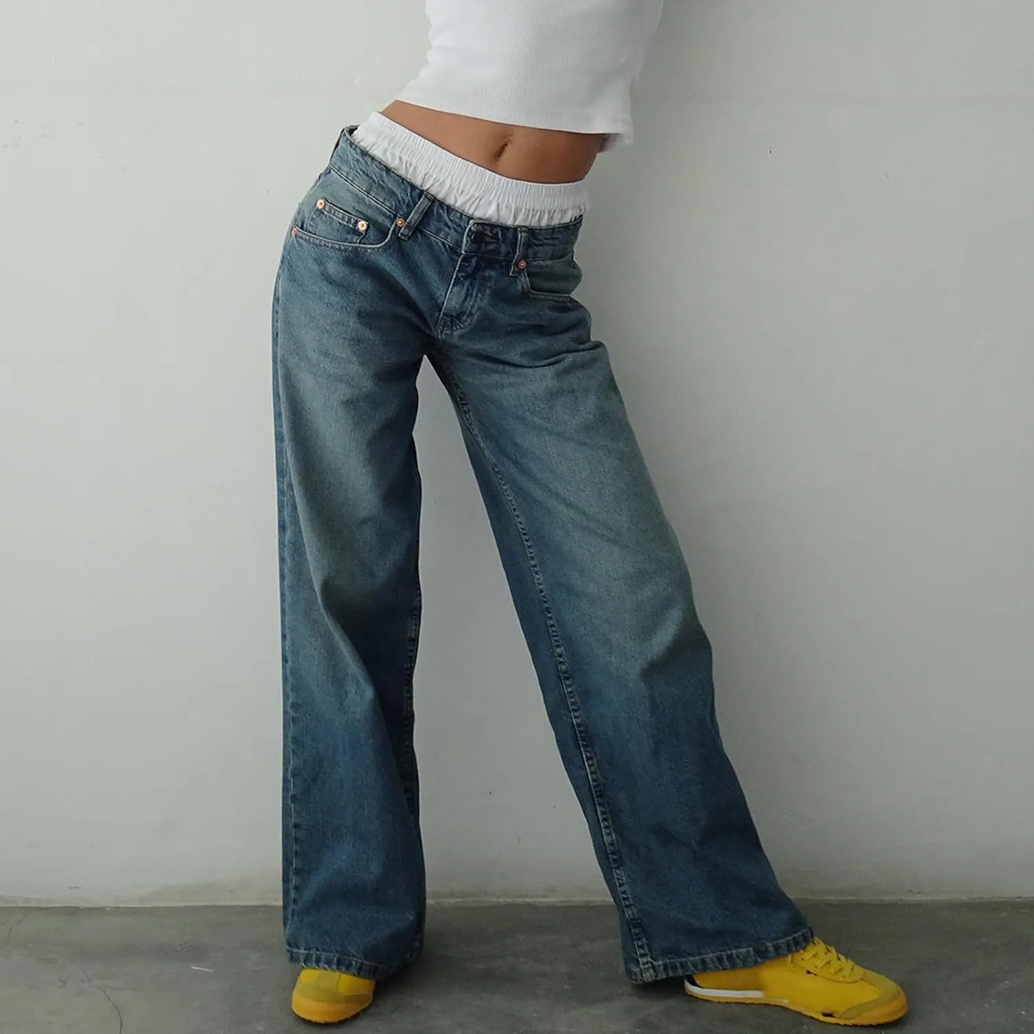 Women's Low Rise Boyfriend Jeans Y2K Wide Leg Straight Baggy Vintage Denim Pants Casual Loose