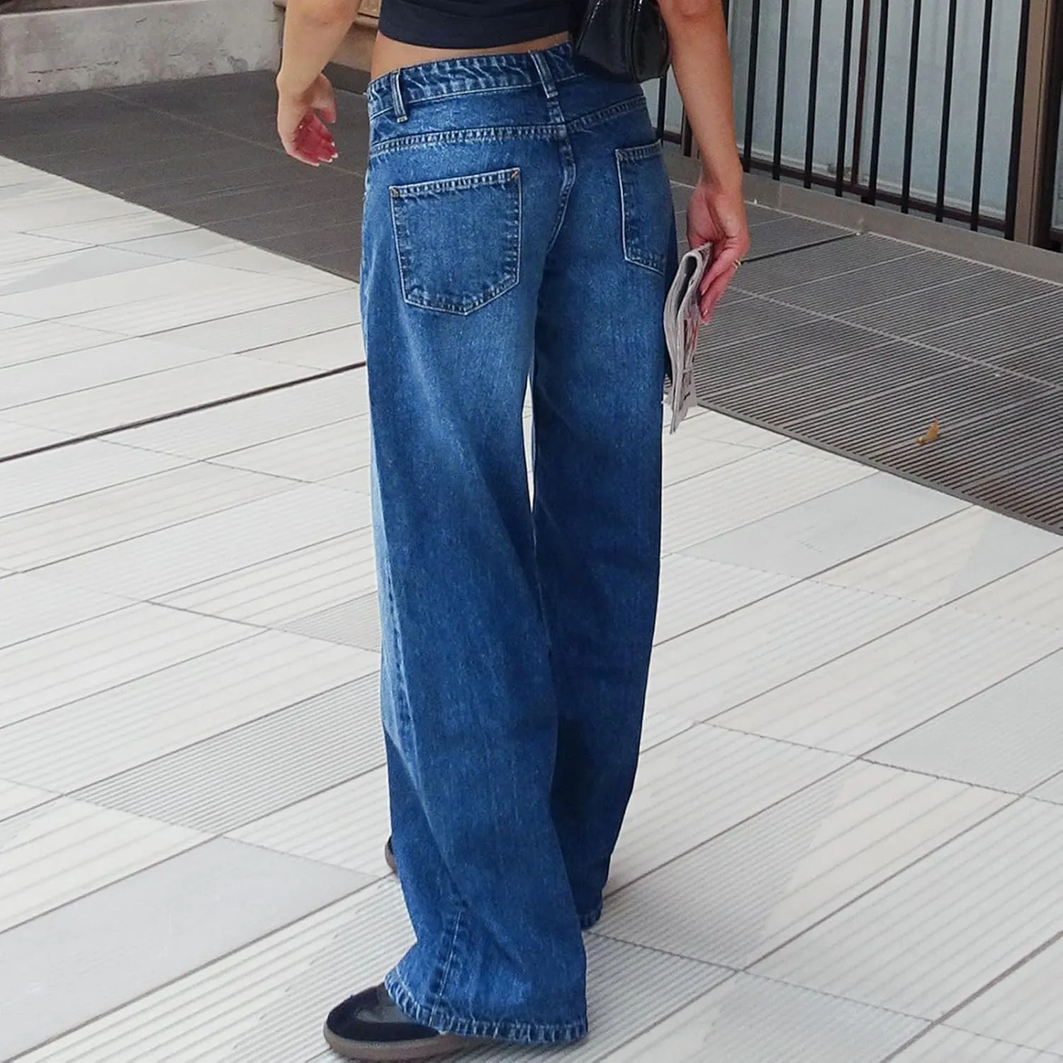 Women's Low Rise Boyfriend Jeans Y2K Wide Leg Straight Baggy Vintage Denim Pants Casual Loose