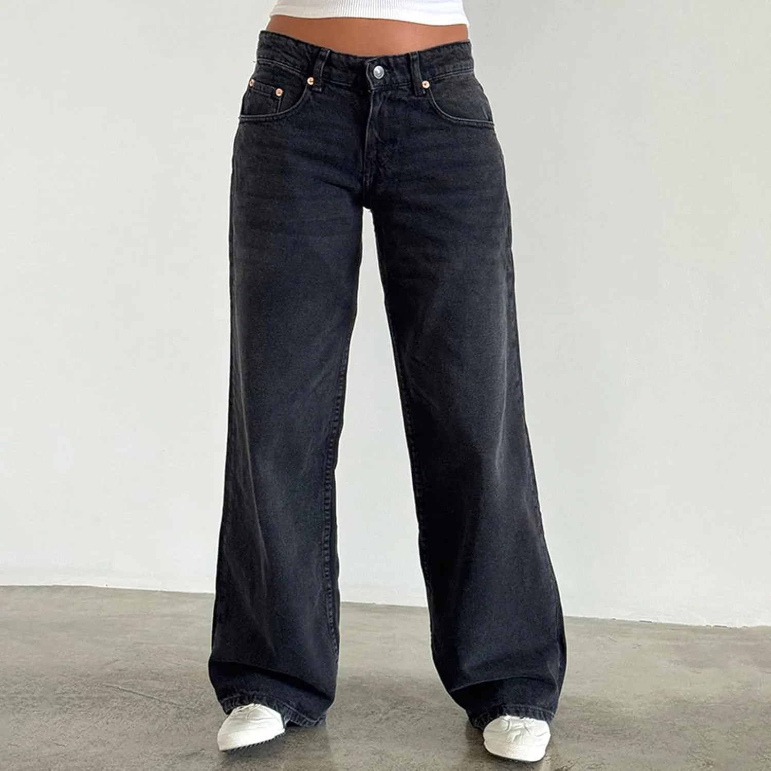 Women's Low Rise Boyfriend Jeans Y2K Wide Leg Straight Baggy Vintage Denim Pants Casual Loose