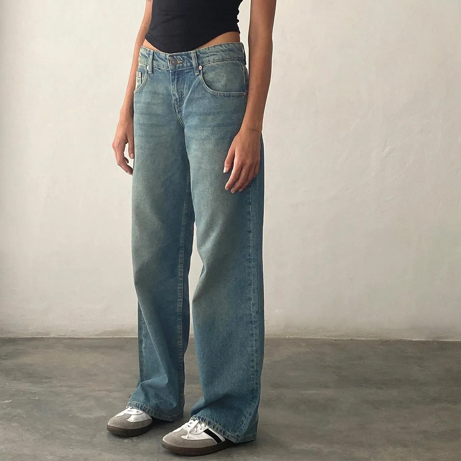 Women's Low Rise Boyfriend Jeans Y2K Wide Leg Straight Baggy Vintage Denim Pants Casual Loose