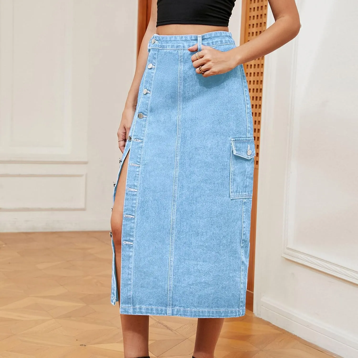 Women's Novelty Denim Skirts High Waisted Casual Slit Midi Jean Skirt Elegant Below Knee Length Jean Skirts