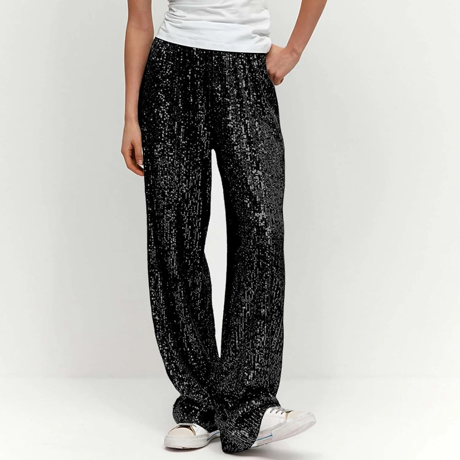 Womens Sequins High Waisted Wide Leg Flared Pants Baggy Straight Trousers Casual Lounge Palazzo Pants Nightclub Wear