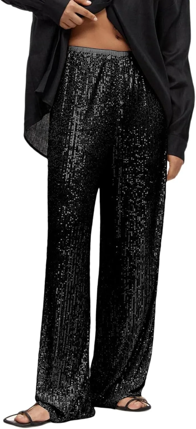 Womens Sequins High Waisted Wide Leg Flared Pants Baggy Straight Trousers Casual Lounge Palazzo Pants Nightclub Wear