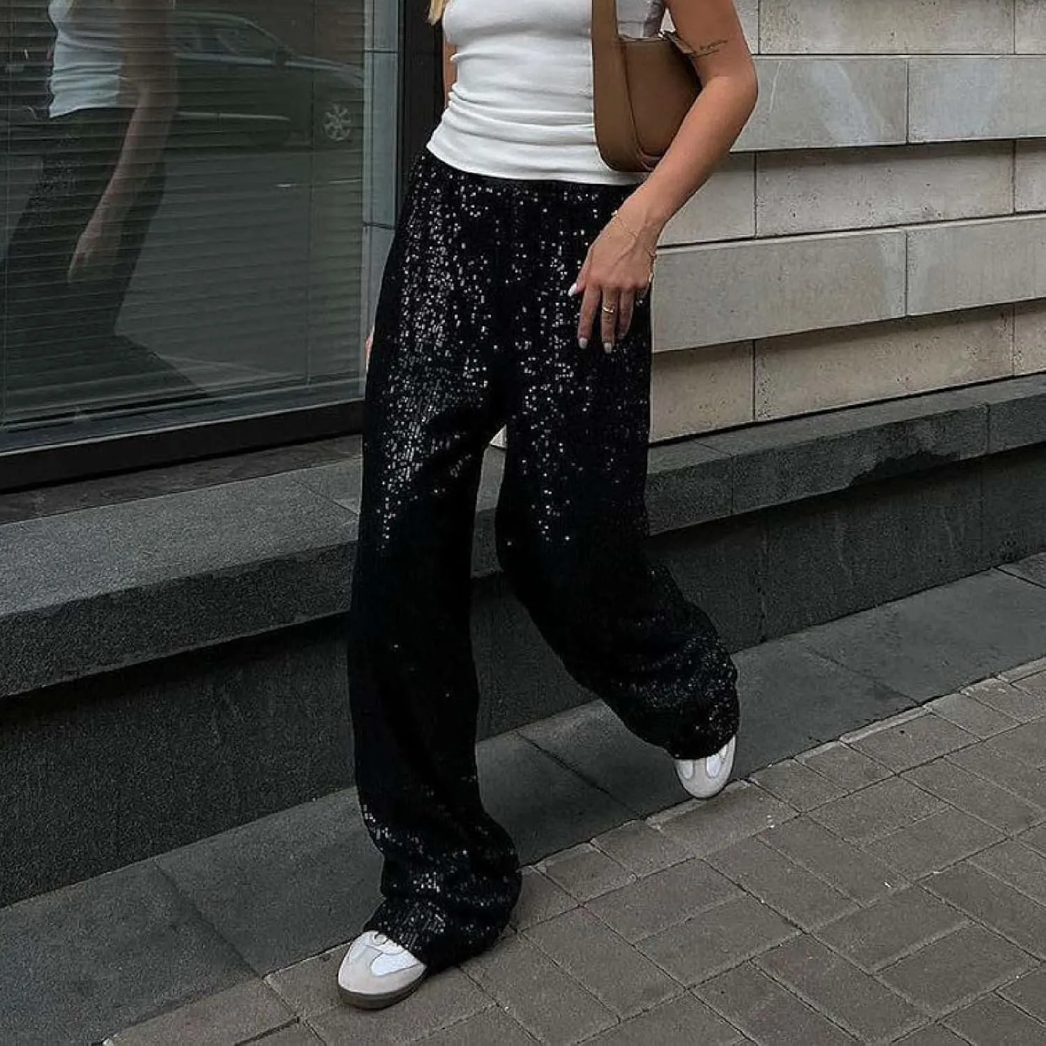 Womens Sequins High Waisted Wide Leg Flared Pants Baggy Straight Trousers Casual Lounge Palazzo Pants Nightclub Wear