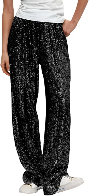 Womens Sequins High Waisted Wide Leg Flared Pants Baggy Straight Trousers Casual Lounge Palazzo Pants Nightclub Wear