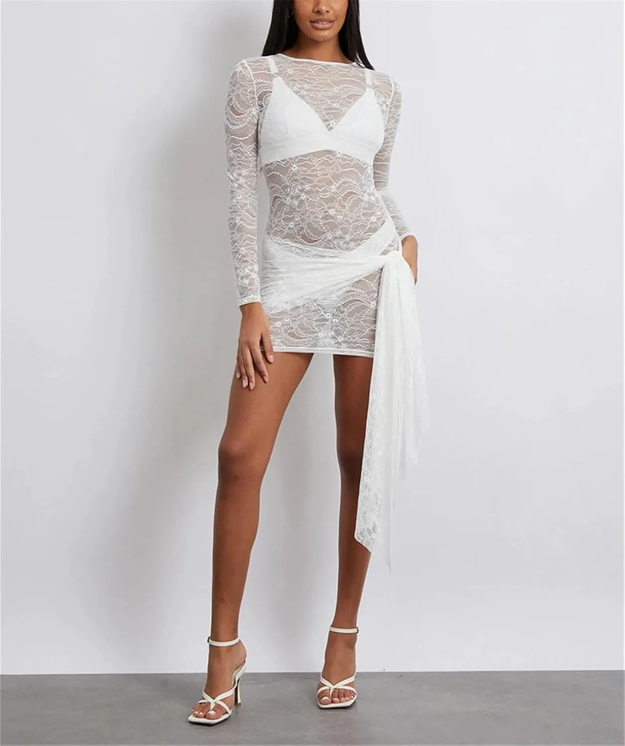 Women's Sexy Lace Floral Mesh Bodycon Dresses Long Sleeve Round Neck See Through Mini Dress