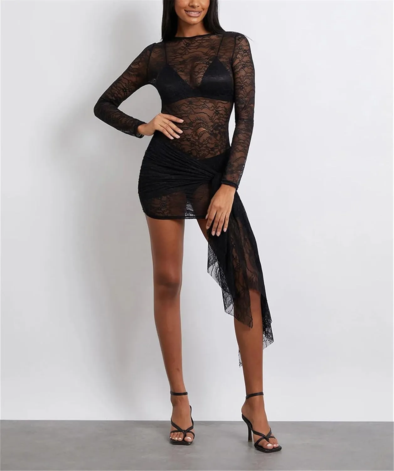 Women's Sexy Lace Floral Mesh Bodycon Dresses Long Sleeve Round Neck See Through Mini Dress