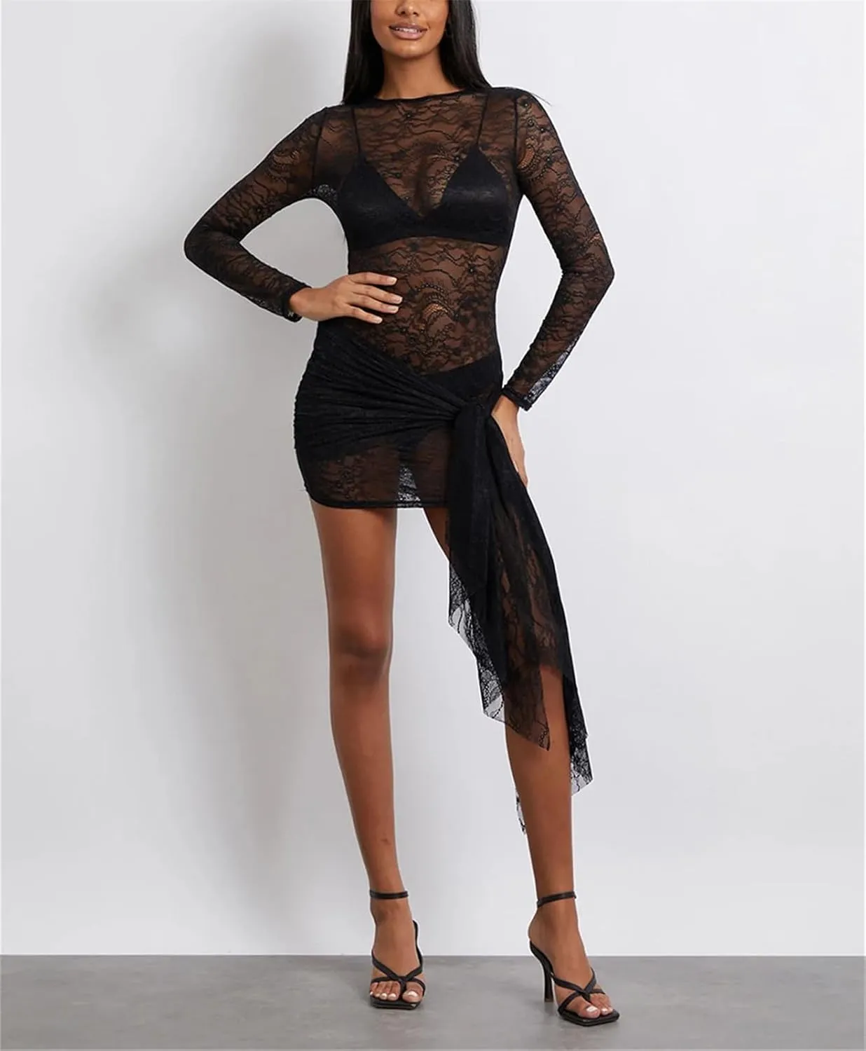 Women's Sexy Lace Floral Mesh Bodycon Dresses Long Sleeve Round Neck See Through Mini Dress