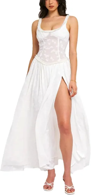 Womens Slim Sexy Party Club Maxi Evening Dress 2025 Gown Elegant Sleeveless Lace Patchwork Thigh Slit Dresses