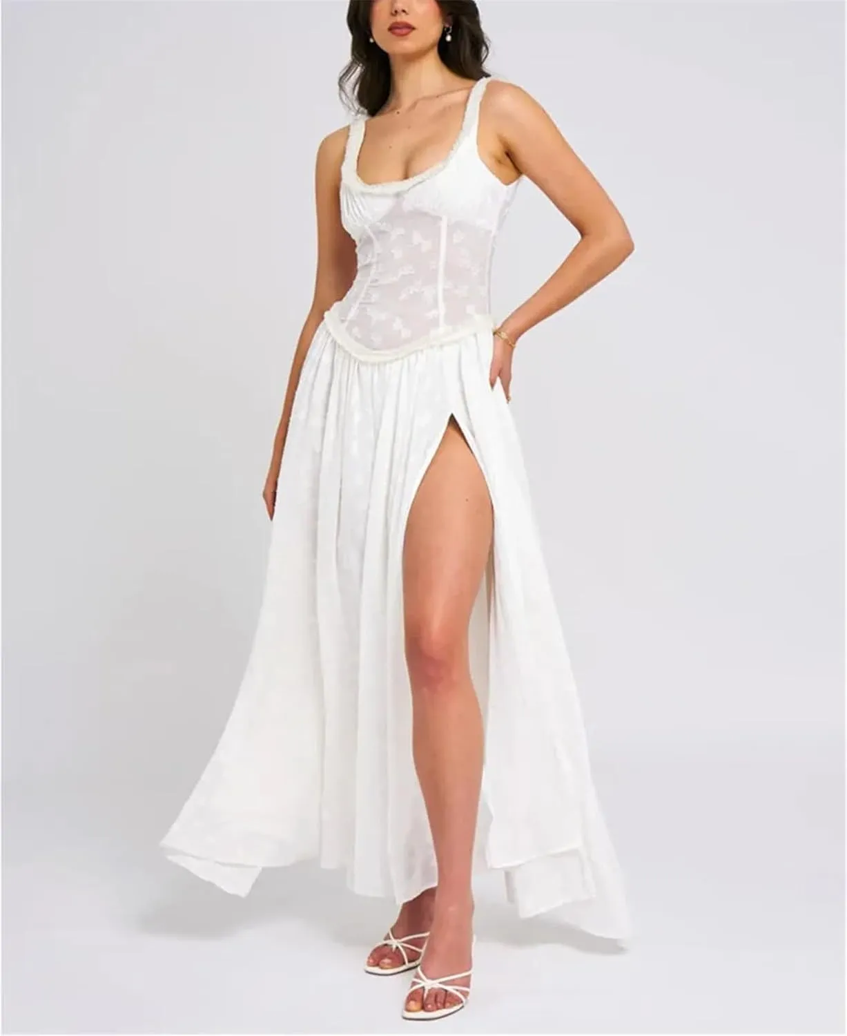 Womens Slim Sexy Party Club Maxi Evening Dress 2025 Gown Elegant Sleeveless Lace Patchwork Thigh Slit Dresses