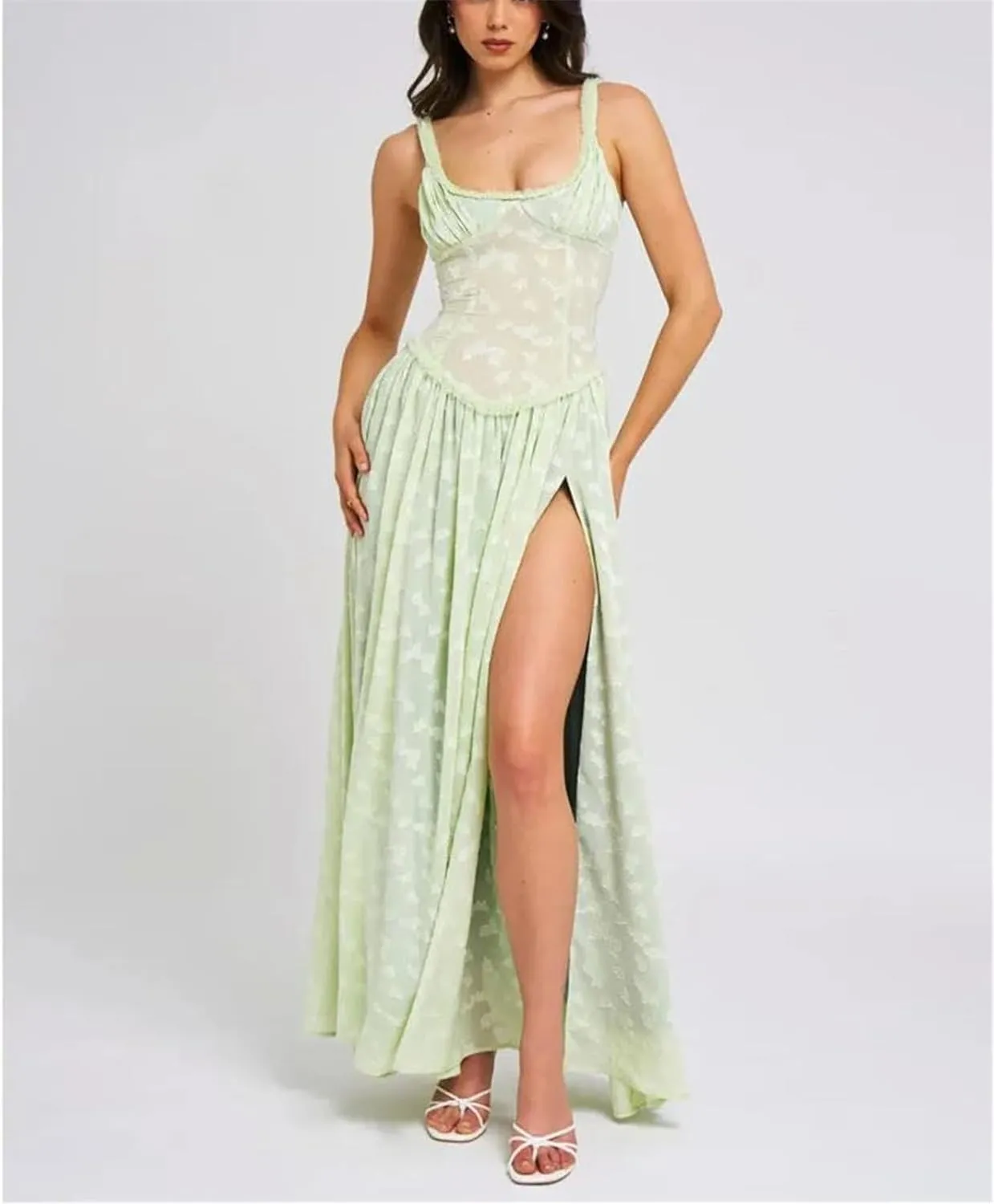 Womens Slim Sexy Party Club Maxi Evening Dress 2025 Gown Elegant Sleeveless Lace Patchwork Thigh Slit Dresses