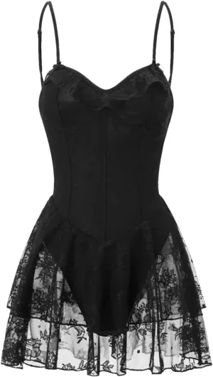 Women's Summer Sexy Mini Cami Dresses Sleeveless Backless Lace Floral Tiered Ruffle Hem Party Short Dress