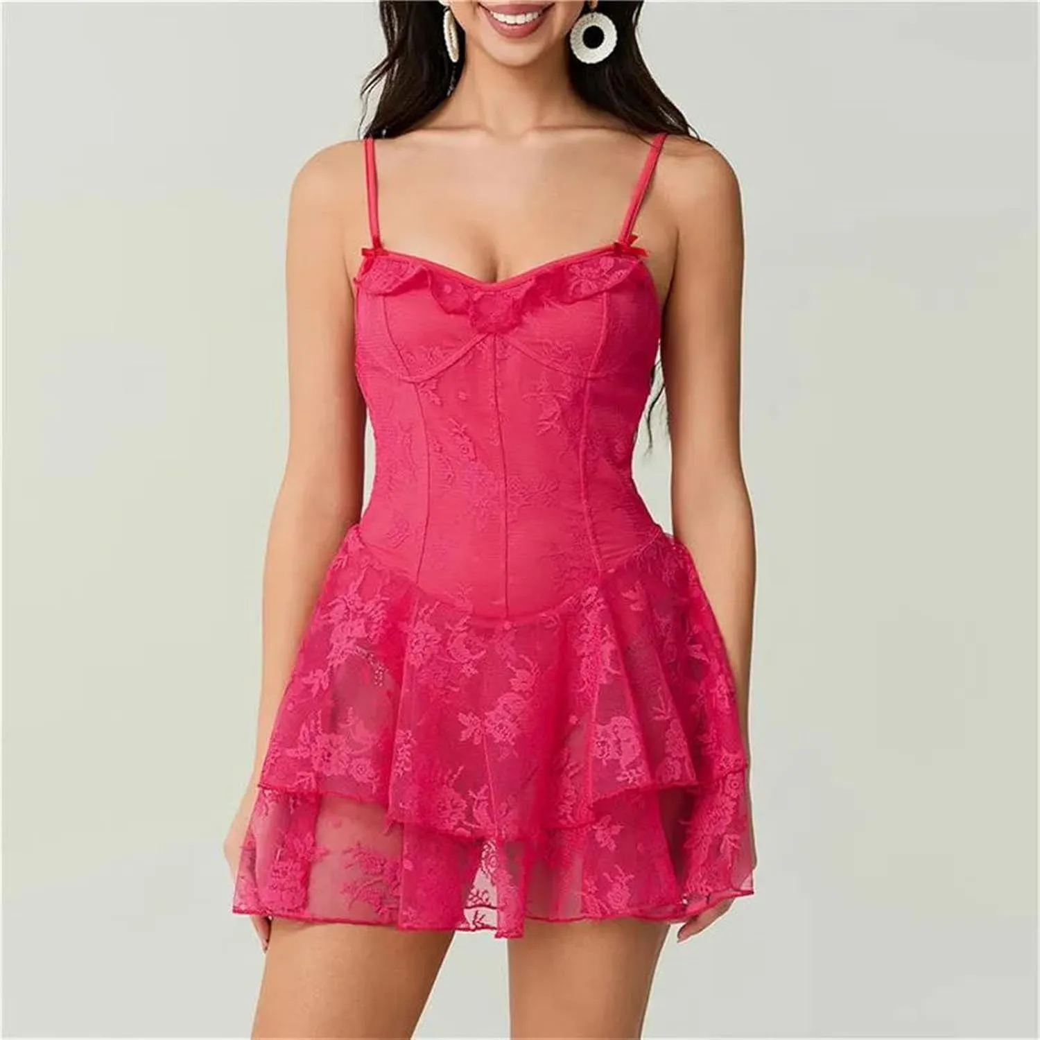 Women's Summer Sexy Mini Cami Dresses Sleeveless Backless Lace Floral Tiered Ruffle Hem Party Short Dress