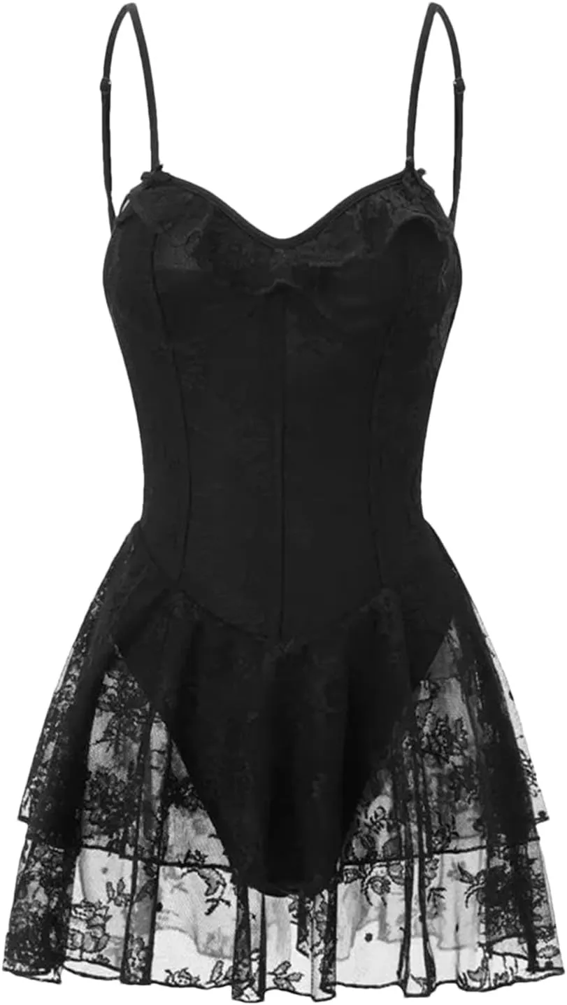 Women's Summer Sexy Mini Cami Dresses Sleeveless Backless Lace Floral Tiered Ruffle Hem Party Short Dress