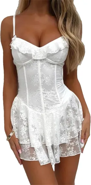 Women's Summer Sexy Mini Cami Dresses Sleeveless Backless Lace Floral Tiered Ruffle Hem Party Short Dress