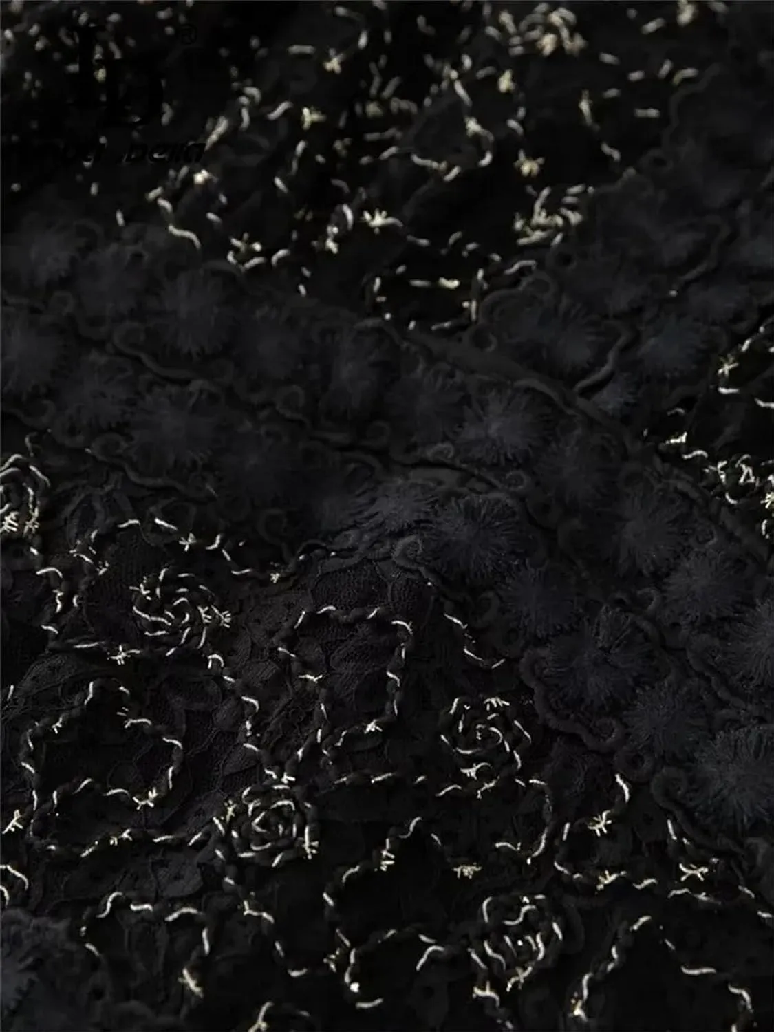 Women's V Neck Lantern Sleeve Hollow Out Embroidery Vintage Midi Dress Fashion Black Party Dress