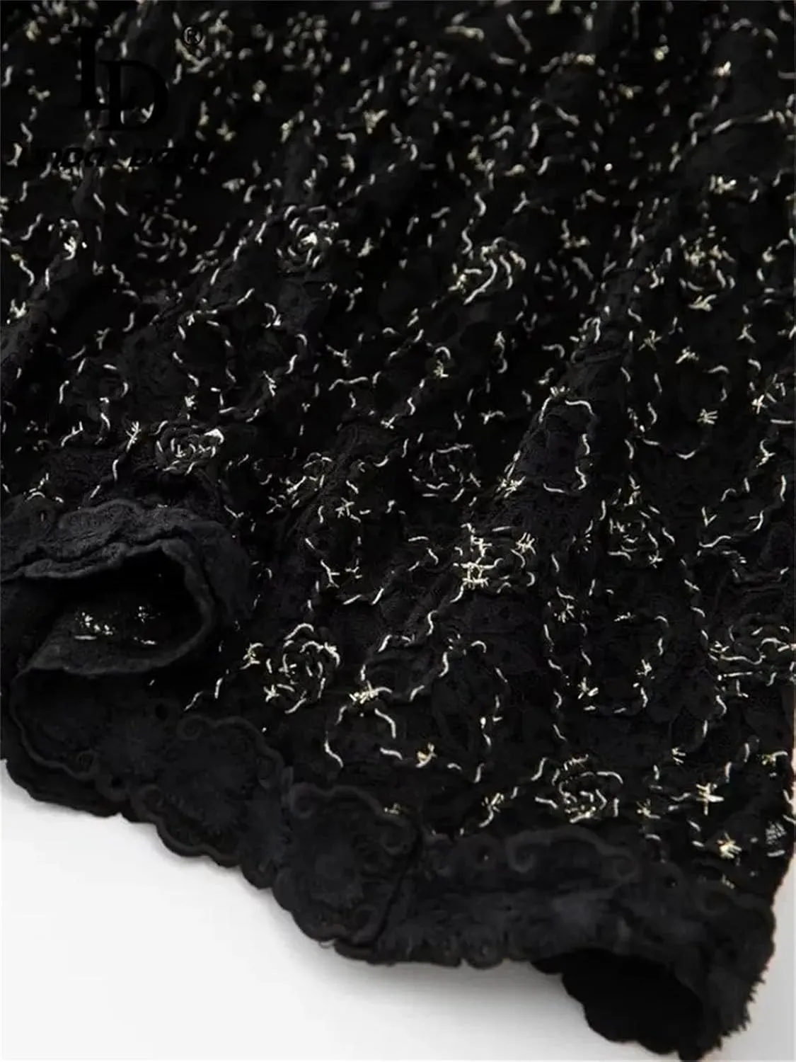 Women's V Neck Lantern Sleeve Hollow Out Embroidery Vintage Midi Dress Fashion Black Party Dress