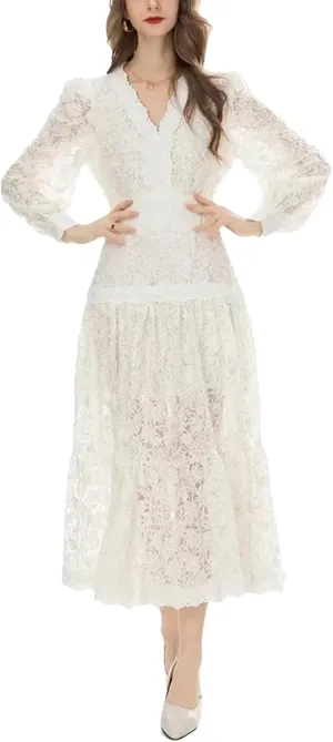 Women's V Neck Lantern Sleeve Hollow Out Embroidery Vintage Midi Dress Fashion Black Party Dress