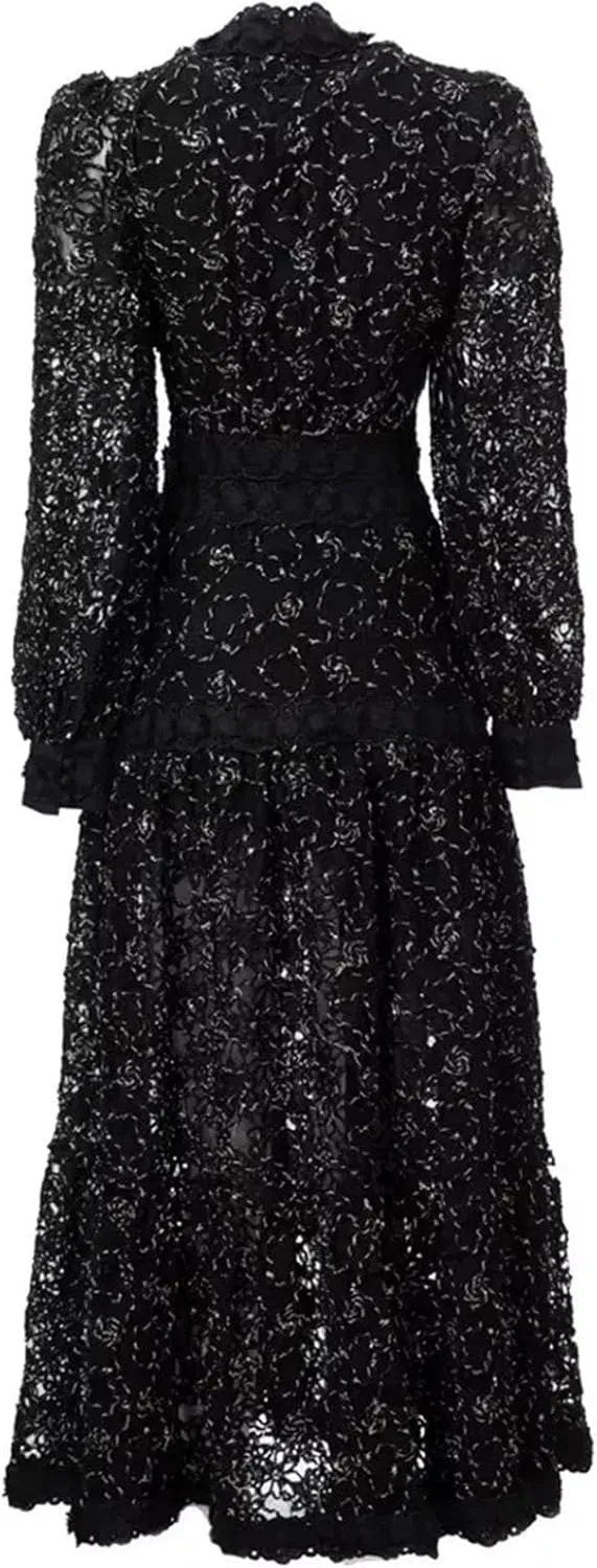 Women's V Neck Lantern Sleeve Hollow Out Embroidery Vintage Midi Dress Fashion Black Party Dress