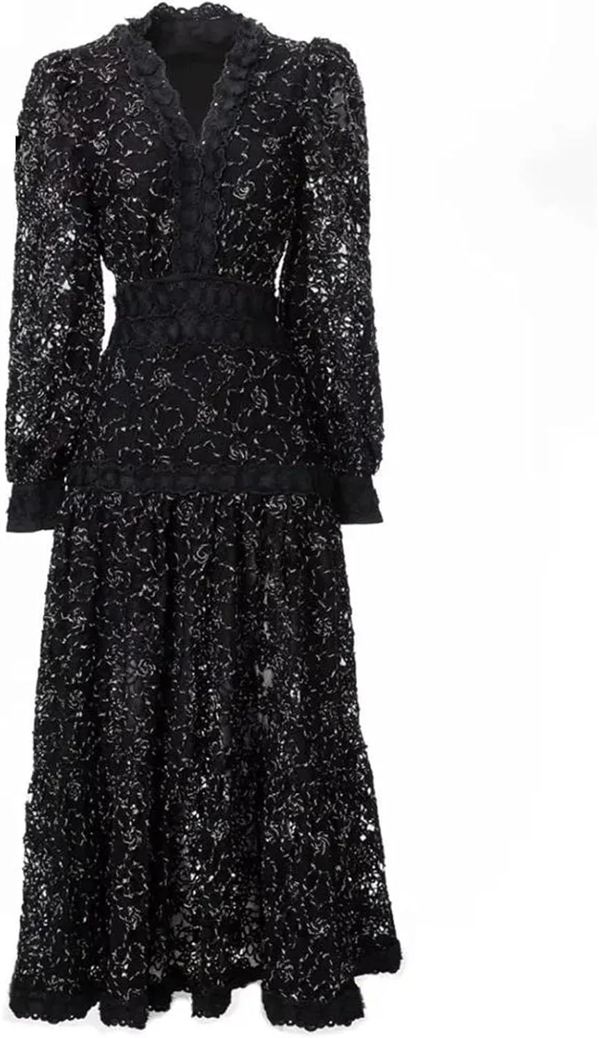 Women's V Neck Lantern Sleeve Hollow Out Embroidery Vintage Midi Dress Fashion Black Party Dress