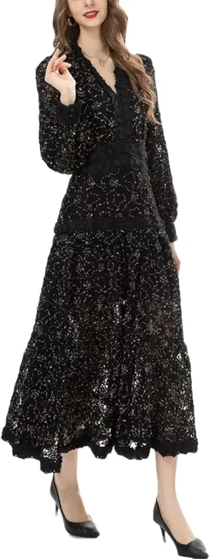 Women's V Neck Lantern Sleeve Hollow Out Embroidery Vintage Midi Dress Fashion Black Party Dress