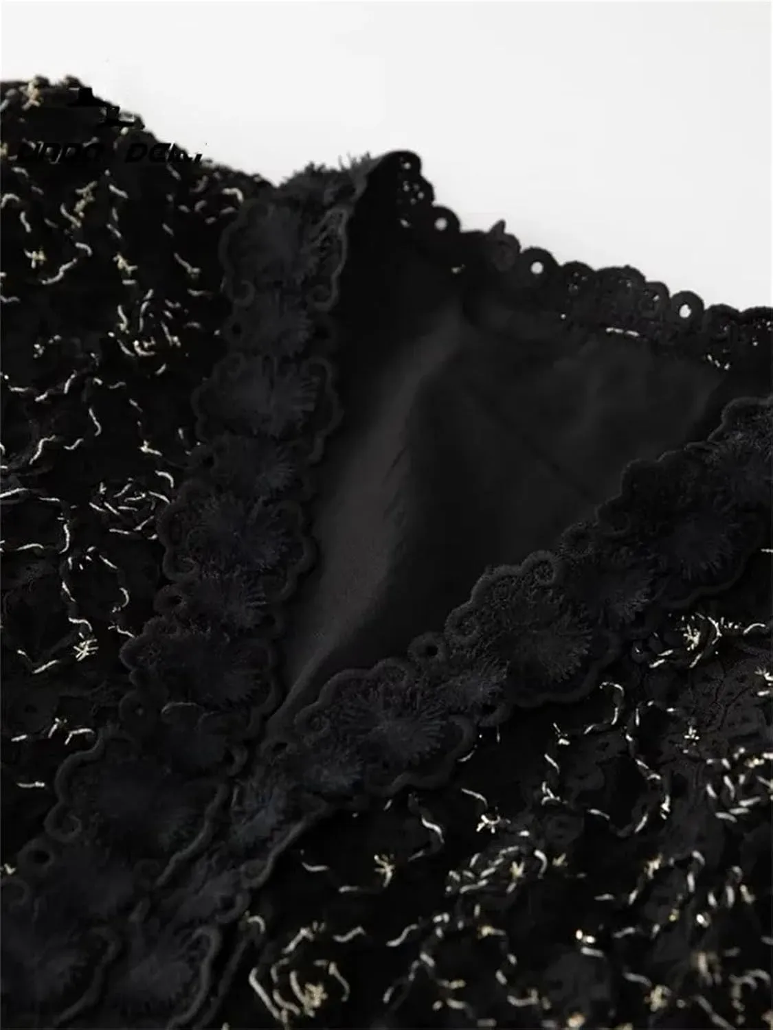 Women's V Neck Lantern Sleeve Hollow Out Embroidery Vintage Midi Dress Fashion Black Party Dress