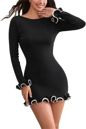 Women's Vintage Contrast Color Knit Long Sleeve Dress Crew Neck Ruffle Edge Mini Dresses