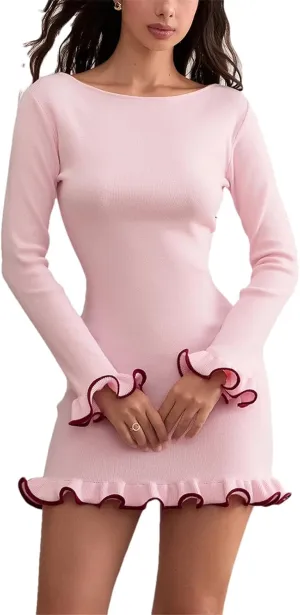 Women's Vintage Contrast Color Knit Long Sleeve Dress Crew Neck Ruffle Edge Mini Dresses