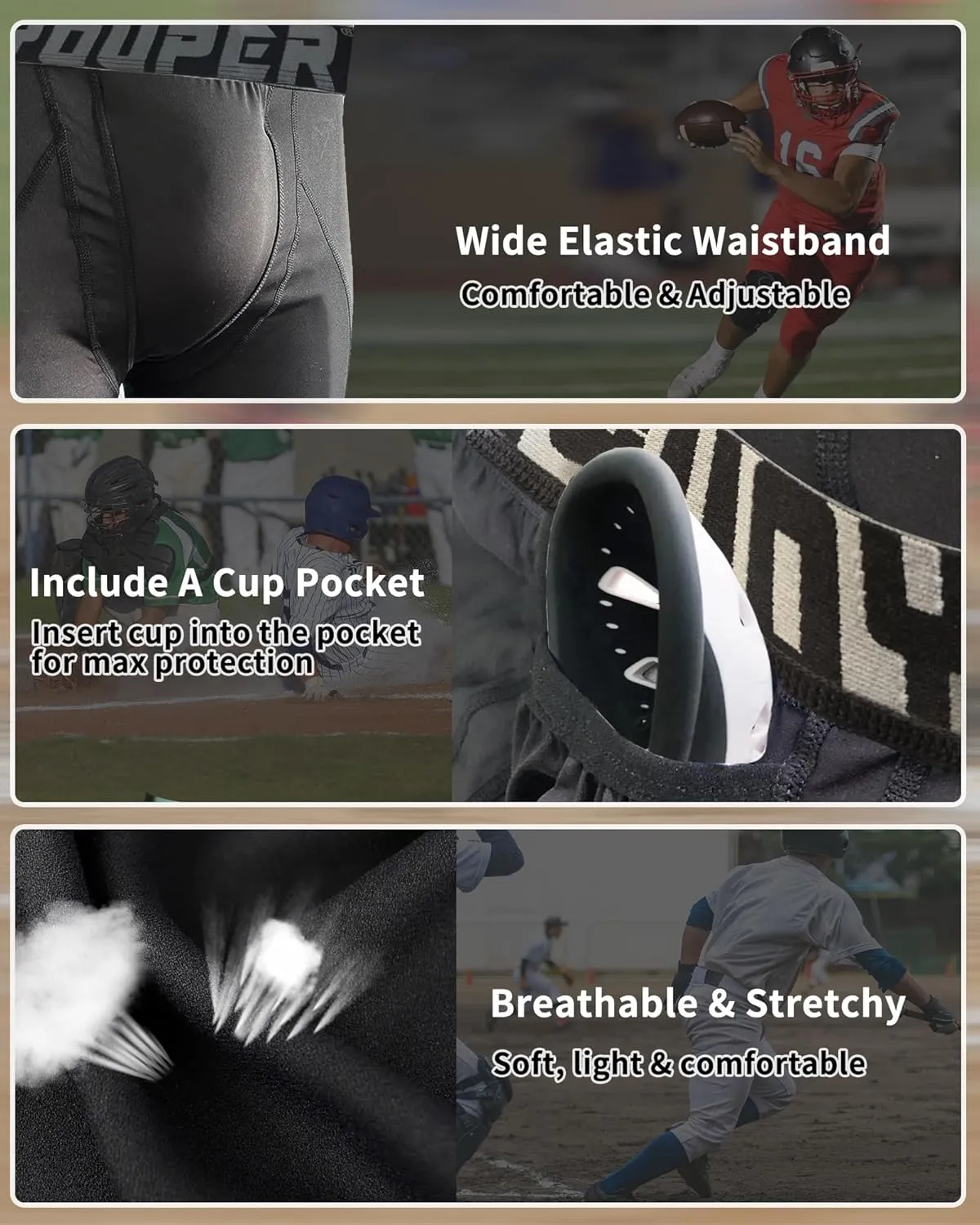 Youper 2-Pack Adult Compression Shorts w/Cup Pocket, Men's Athletic Supporter for Baseball & Football