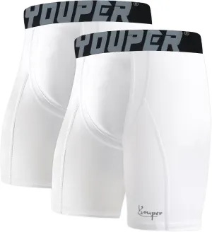 Youper 2-Pack Adult Compression Shorts w/Cup Pocket, Men's Athletic Supporter for Baseball & Football
