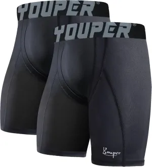 Youper 2-Pack Adult Compression Shorts w/Cup Pocket, Men's Athletic Supporter for Baseball & Football