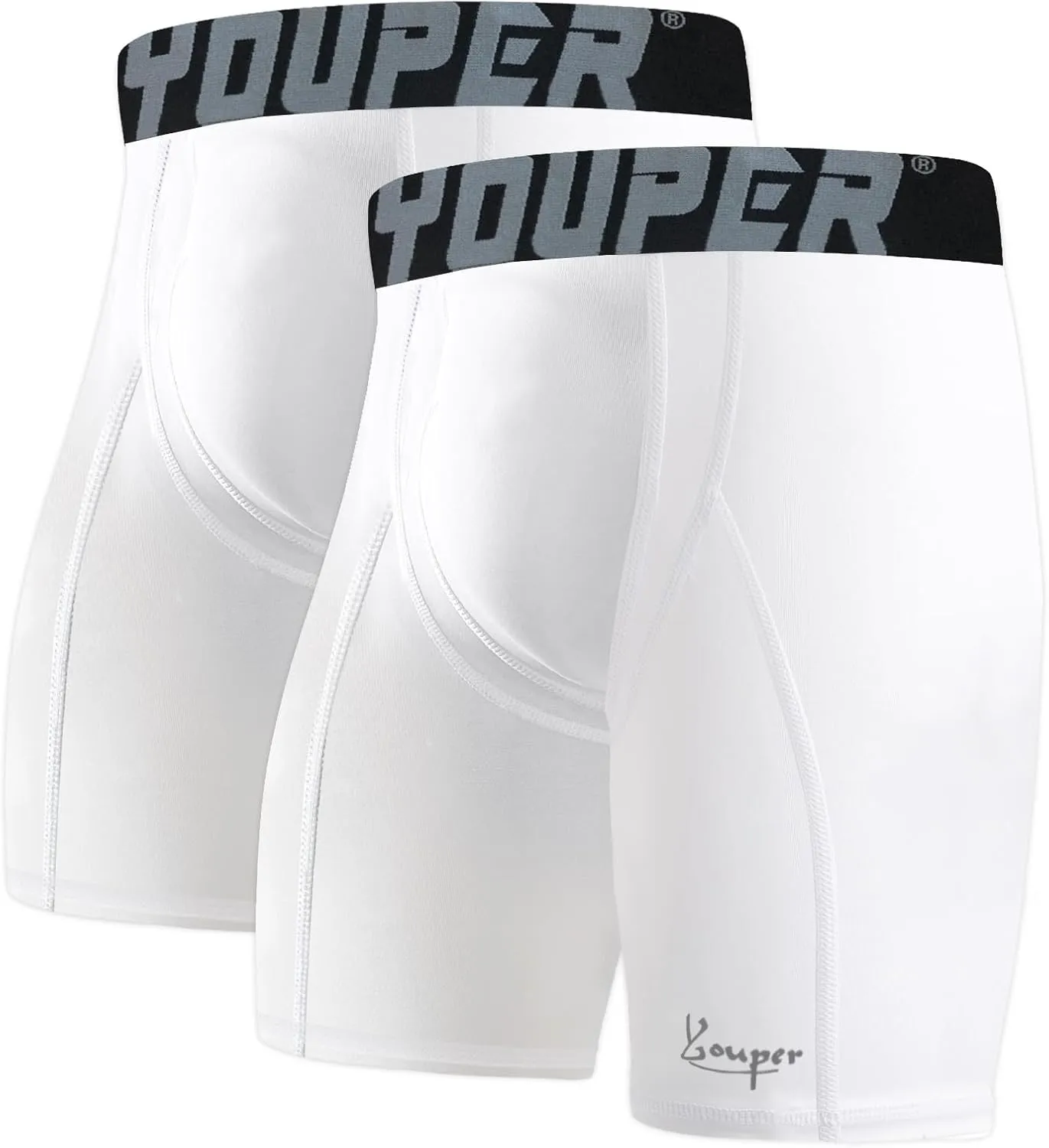 Youper 2-Pack Adult Compression Shorts w/Cup Pocket, Men's Athletic Supporter for Baseball & Football