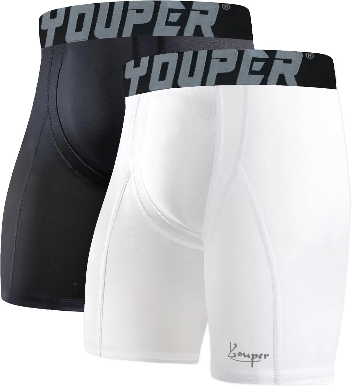 Youper 2-Pack Adult Compression Shorts w/Cup Pocket, Men's Athletic Supporter for Baseball & Football
