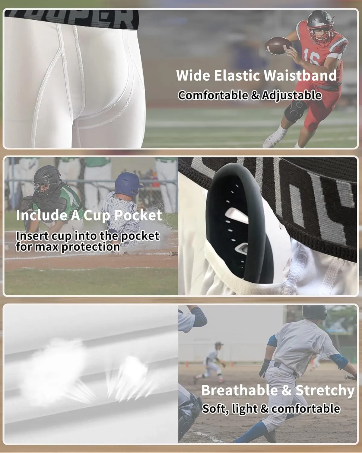 Youper 2-Pack Adult Compression Shorts w/Cup Pocket, Men's Athletic Supporter for Baseball & Football