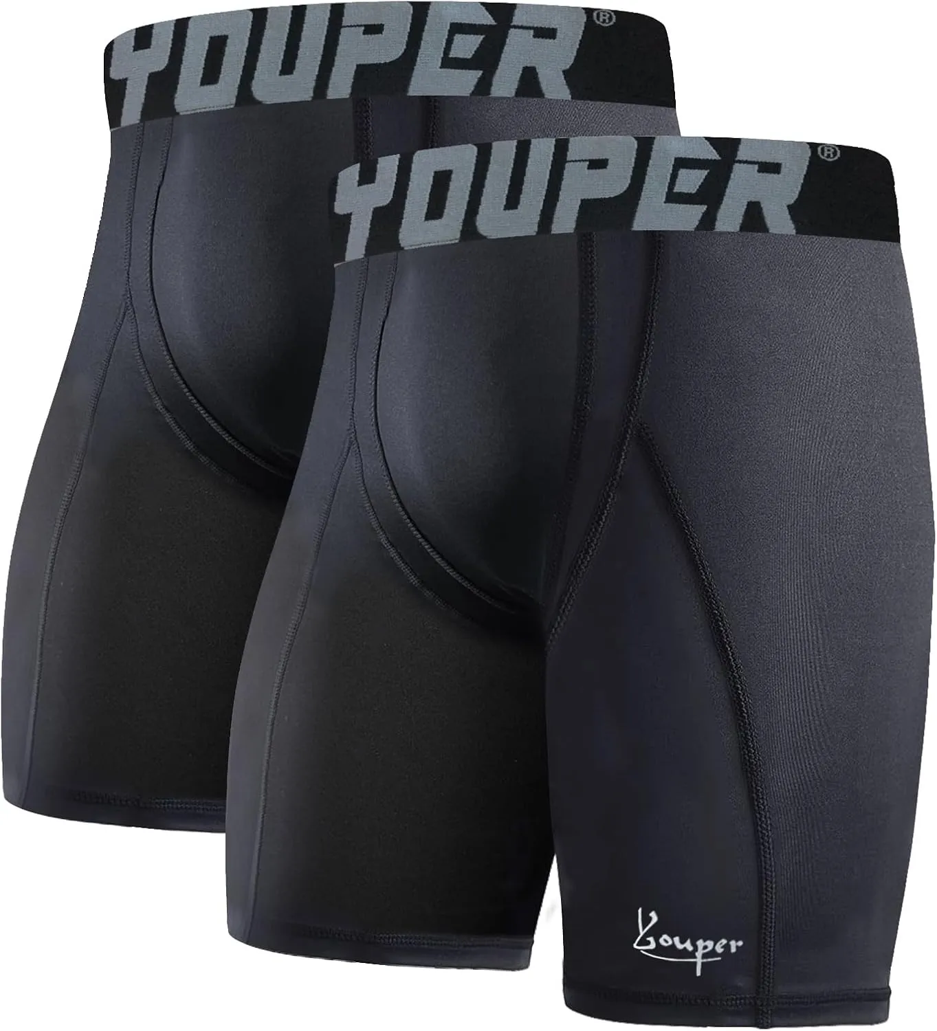 Youper 2-Pack Adult Compression Shorts w/Cup Pocket, Men's Athletic Supporter for Baseball & Football